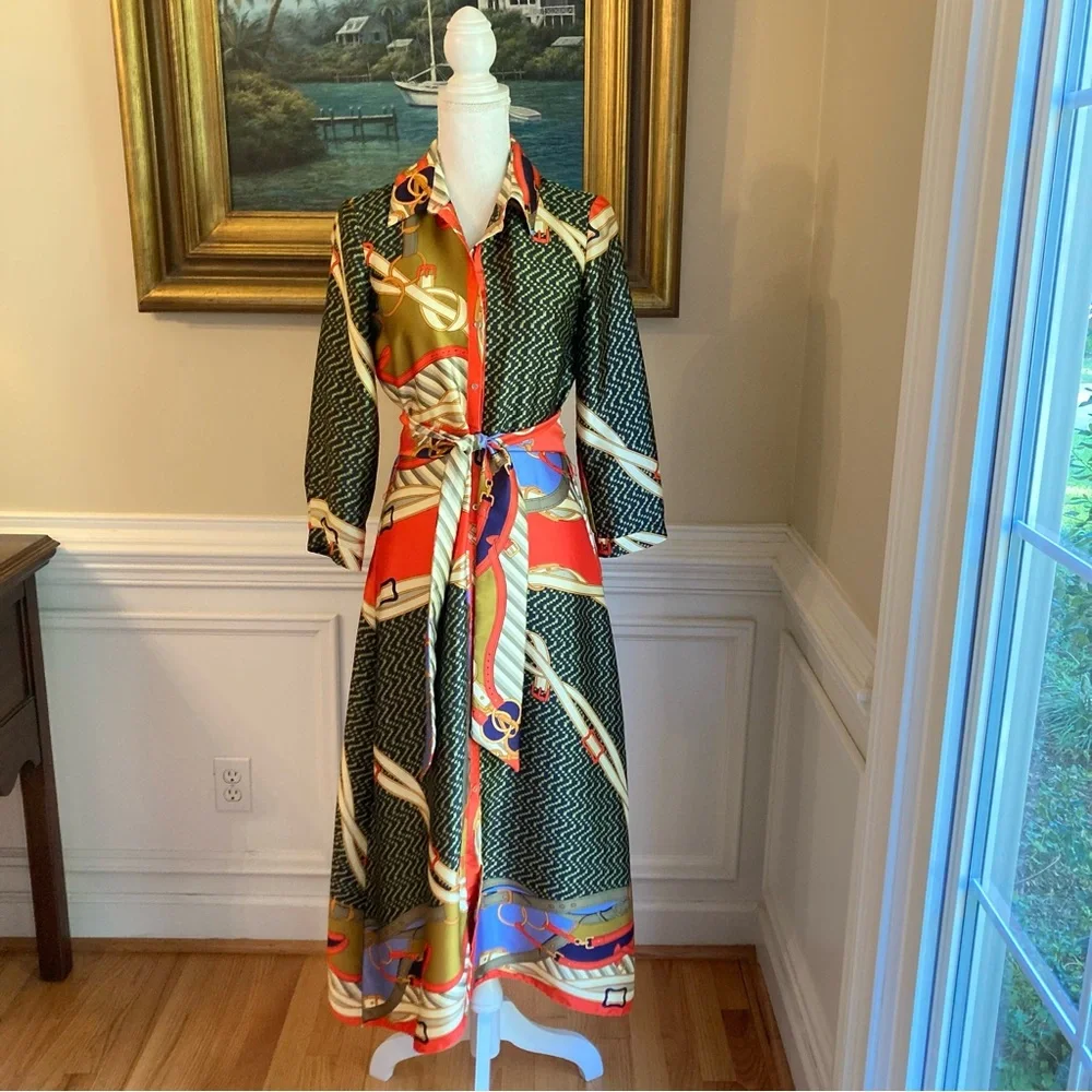 ZARA Scarf Print Midi Maxi Satin Long Sleeve Button Down Shirt Dress - Picture 14 of 14